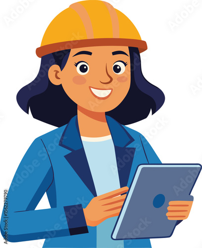 Female construction worker, An female engineer, female engineer in safety helmet holding tablet and smiling 