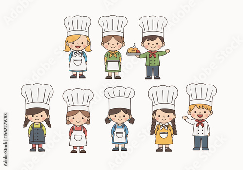 Cartoon Style Little Chef Uniform Group Character Design Illustration