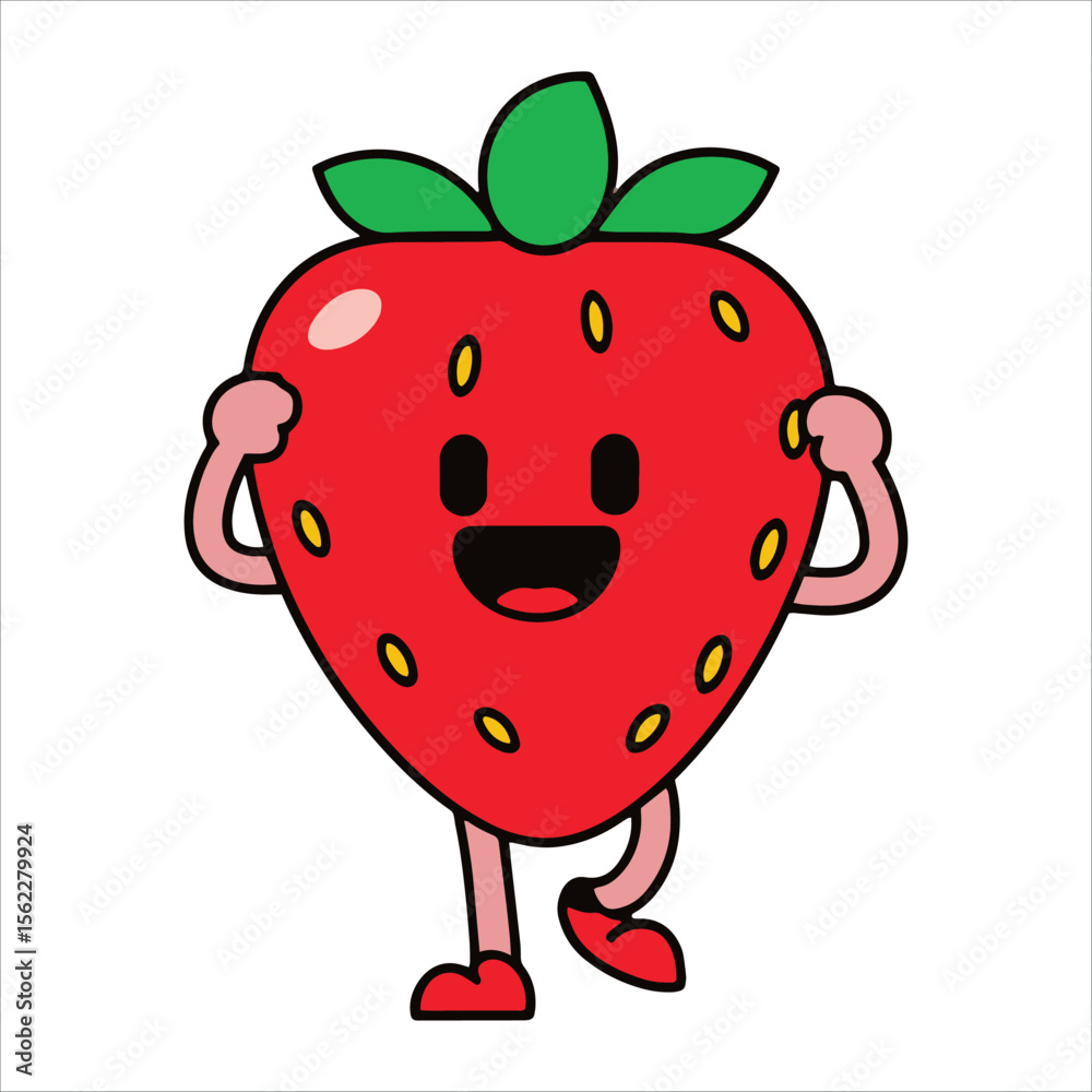 Fototapeta premium Cheerful strawberry character cartoon vector illustration, ideal for children books and healthy snack branding.