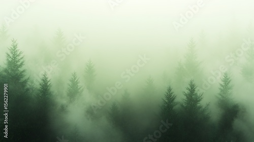 Misty forest landscape with evergreen trees and dense fog, creating a serene nature background