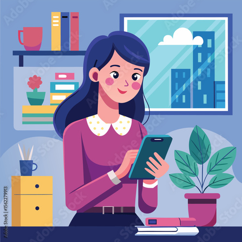 A girl using mobile phone in her office, girl with mobile phone, 