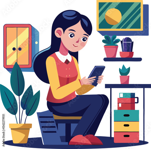 A girl using mobile phone in her office, girl with mobile phone, 