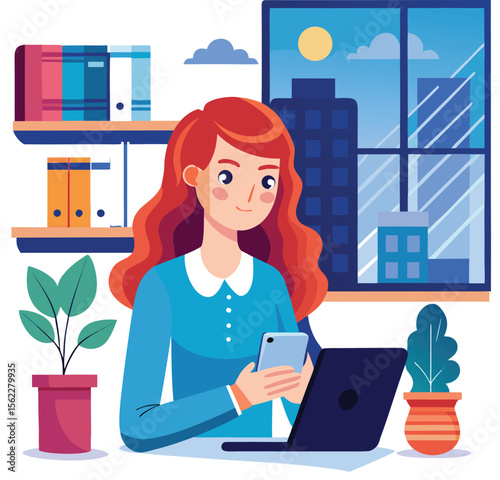 business woman working on laptop, A girl using mobile phone in her office, girl with mobile phone, 