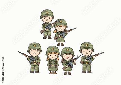Cute Cartoon Style Soldier Character Group Illustration in Camouflage Uniform