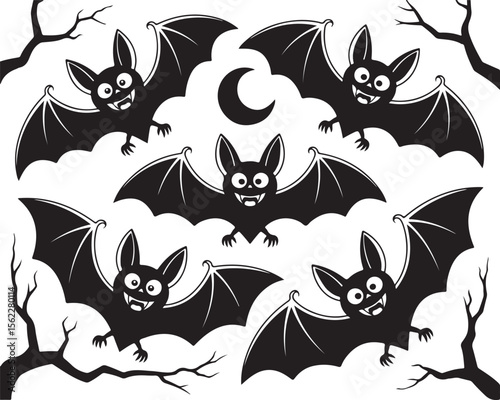 Cute Cartoon Bat Silhouette Set – Halloween Funny Bat Vector Illustration