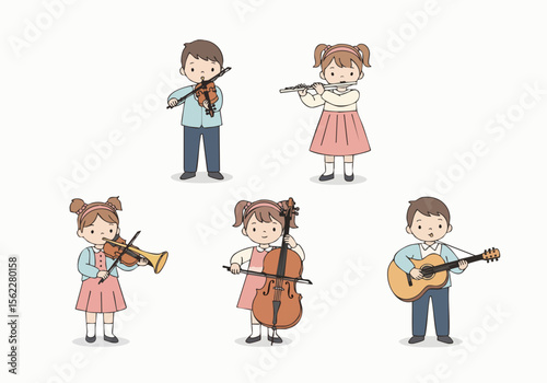 Cute Handdrawn Kids Playing Musical Instruments Orchestra Group Illustration