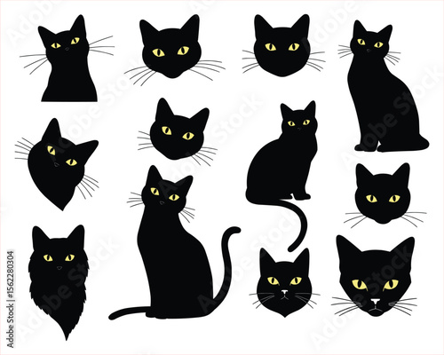 Set of black cat silhouettes in various poses., This graphic features a collection of black cat silhouettes in different poses, from headshots to full body views.