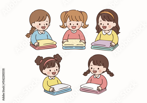 Cute Cartoon Style Girl Holding Pillow Together in Circle Illustration