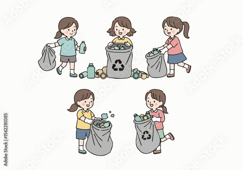 Hand Drawn Style Illustration of Girls Recycling Plastic Bottles Activity