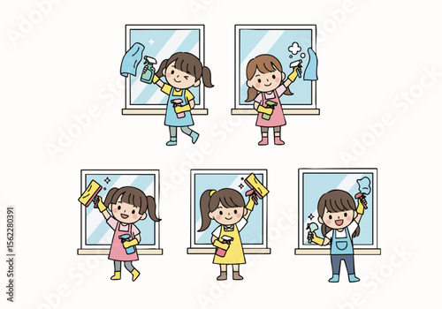 Cute Handdrawn Little Girl Cleaning Window Housework Character Illustration Set