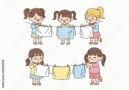 Cute Style Little Girls Hanging Clothes on a Clothesline Illustration