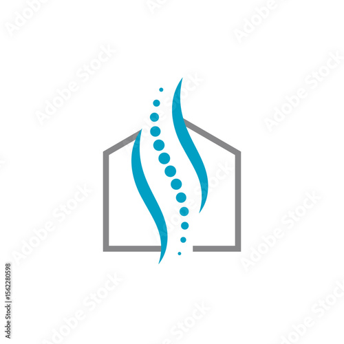An outline logo of a house combined with a dynamic, blue, spine-like element, representing health and home