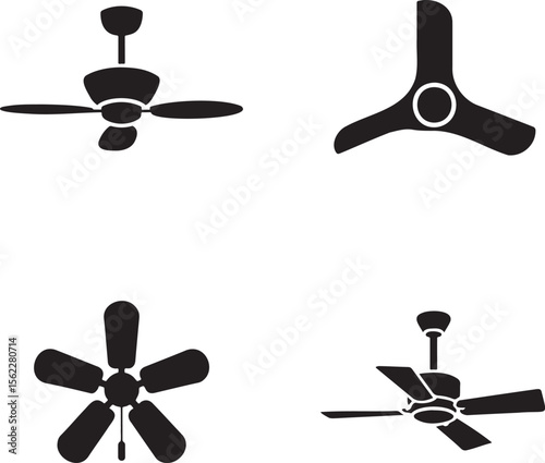 Ceiling fan silhouette set vector illustration isolated On Transparent Background
