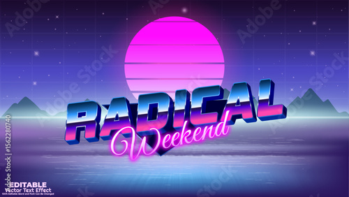 Radical weekend 80s and 90s retro style 3d editable vector text effect. Colorful retro style aesthetic neon typography.