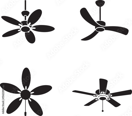 Ceiling fan silhouette set vector illustration isolated On Transparent Background