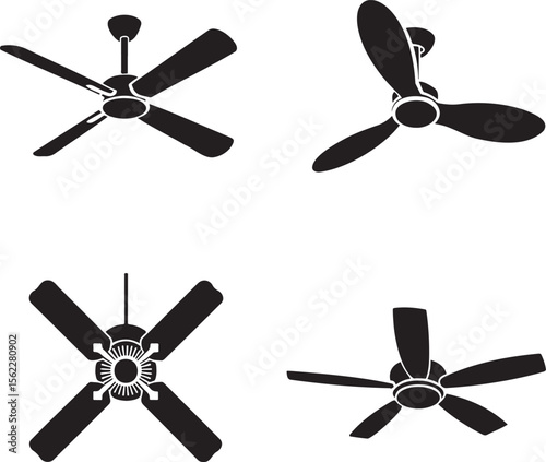 Ceiling fan silhouette set vector illustration isolated On Transparent Background