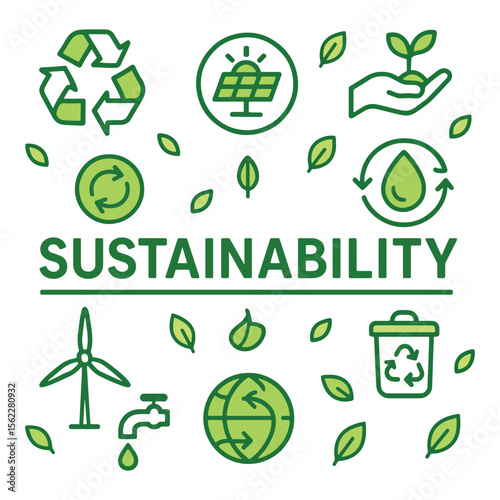 Green energy and recycling symbols with leaves and text sustainability renewable energy