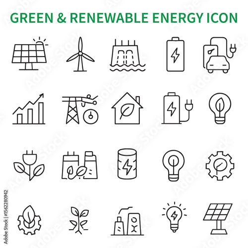 Green energy icons solar panel wind turbine battery electric car light bulb power plant and growth chart