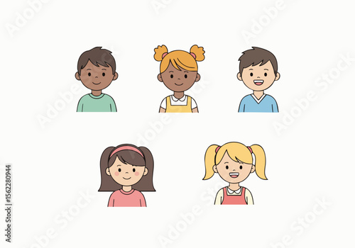 Cute Handdrawn Diverse Smiling Child Portraits Collection Illustration