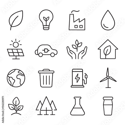 Leaf lightbulb factory water drop solar panel electric car hands holding plant house earth trash can charging station windmill sapling trees flask bottle