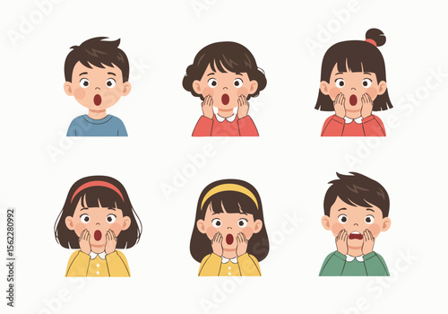 Cartoon Flat Faces of Surprised Children Expressing Shock Emotion Illustration
