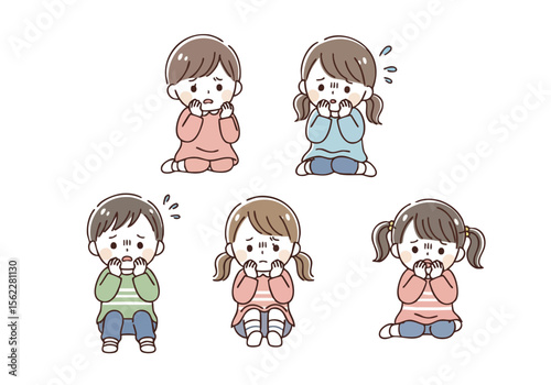 Cute Cartoon Depressed Little Children in Trouble Sadness Expression Illustration