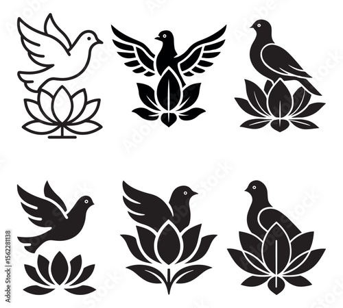 Bird and Lotus Flower Silhouette Icons – Peace Dove Symbol Vector Set