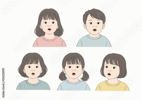 Flat Design Variety of Surprised Children's Face Expression Character Illustration