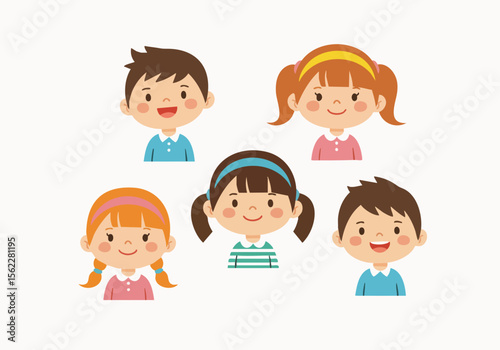 Flat Colorful Cartoon Cute Children Faces Set Illustration Characters