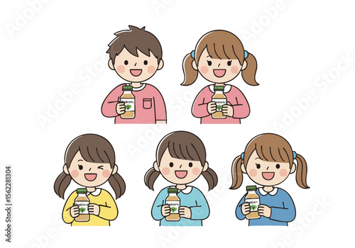 Cartoon Style Diverse Children Holding Drink Bottle Illustration