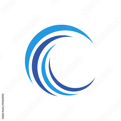 A dynamic logo featuring multiple blue arcing shapes forming a continuous, flowing circular wave design