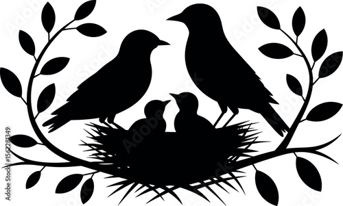 Silhouette of birds and a nest vector art illustration.