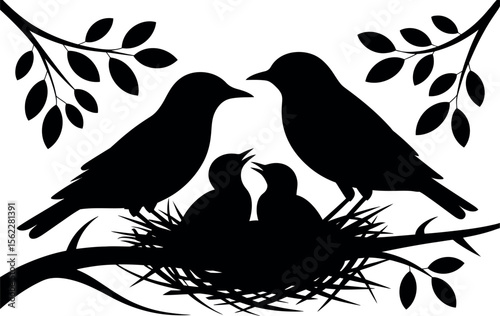 Silhouette of birds and a nest vector art illustration.