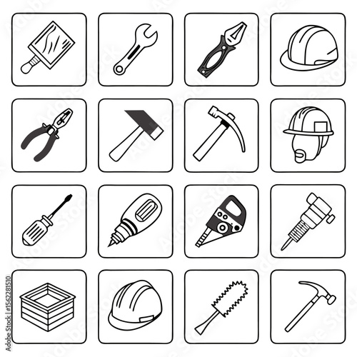 Illustration of sixteen construction tools including hammers wrenches and safety helmets in black and white