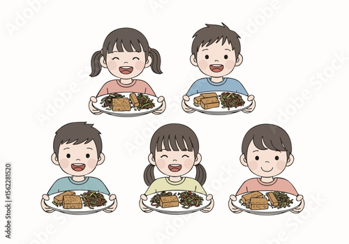 Cute Cartoon Illustration Children Holding Tray of Food Plate Meal