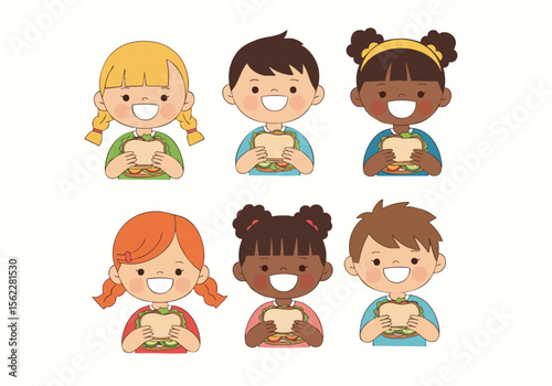 Cute Cartoon Diverse Kids Holding Sandwich Illustration for Lunch Time