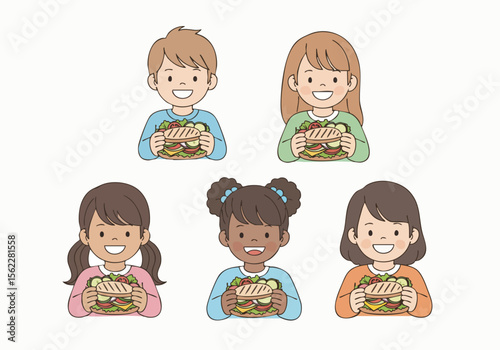 Cute Cartoon Style Little Kid Holding Sandwich Delicious Food Illustration