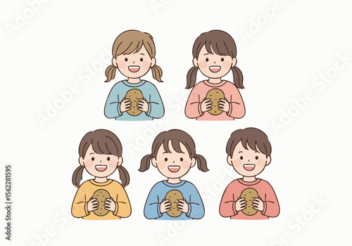 Cute Flat Illustration Group of Children Holding Potato Clipart Character