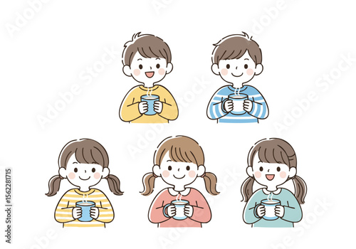 Cute Handdrawn Illustration of Diverse Children Holding Hot Drink Mug