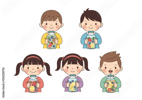 Cartoon Happy Kids Holding Fruit Jar Illustration, Healthy Eating Concept