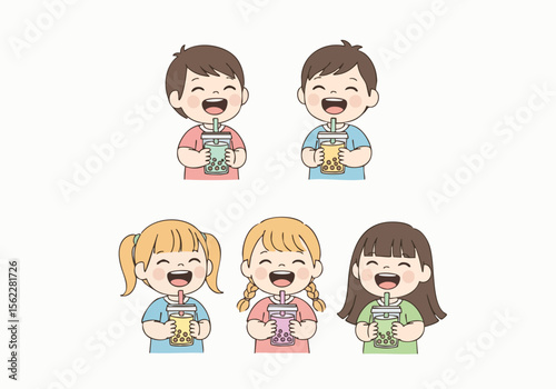 Cheerful Cartoon Smiling Kid Enjoying Sweet Drink Beverage Illustration