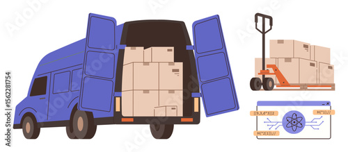 Delivery vehicle loaded with boxes, pallet jack carrying packages, and logistics dashboard. Ideal for delivery services, logistics, shipping, supply chain, warehouse operations, inventory simple