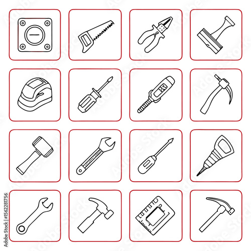 Illustration of sixteen different hand tools including hammers screwdrivers and wrenches in square frames
