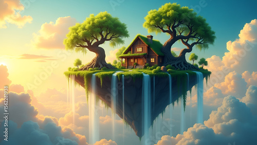 Serene Luminous Floating Island Suspended in the Sky – Dreamy Fantasy Landscape with Glowing Light and Surreal Atmosphere