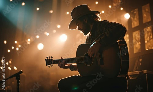 A man in a hat plays guitar on stage under lights, while a blurry audience is in the background, for a concert scene