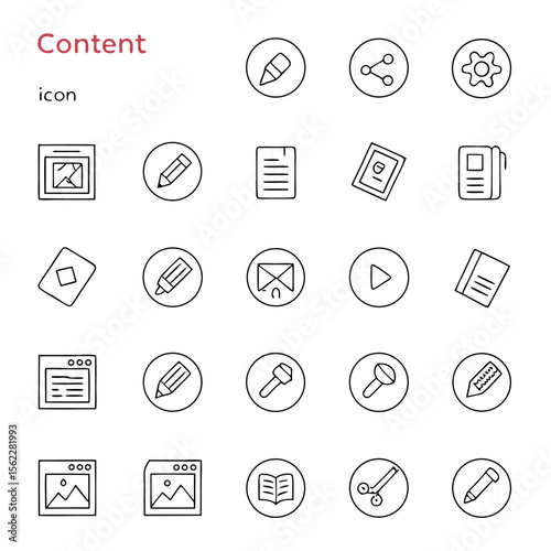 A collection of outline style icons representing various content related symbols in a grid format layout
