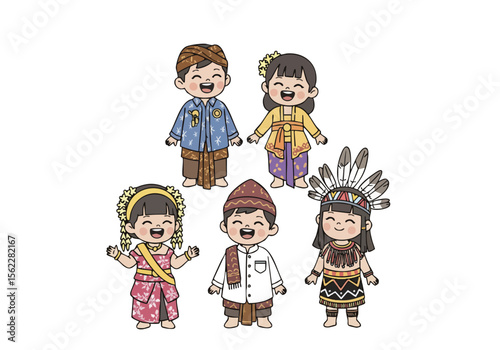 Cheerful Handdrawn Diverse Ethnicities Children Wearing Traditional Costume Illustration