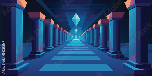 Ancient Hallway: A long, stylized hallway with rows of pillars and a gem-like structure at the end, evoking a sense of mystery, depth, and architectural beauty.