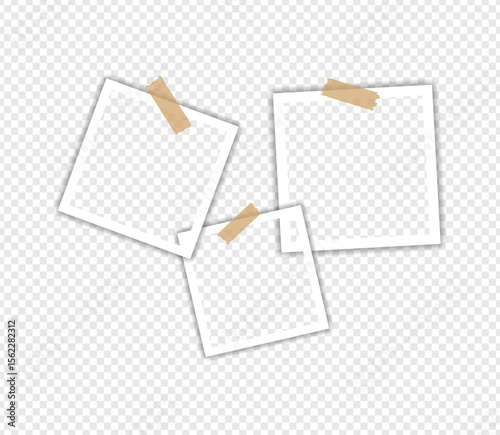 Photo frames with tape on transparent background, Digital snapshot image. Template or mockup for design