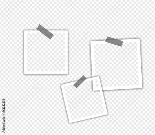 Photo frames with tape on transparent background, Digital snapshot image. Template or mockup for design